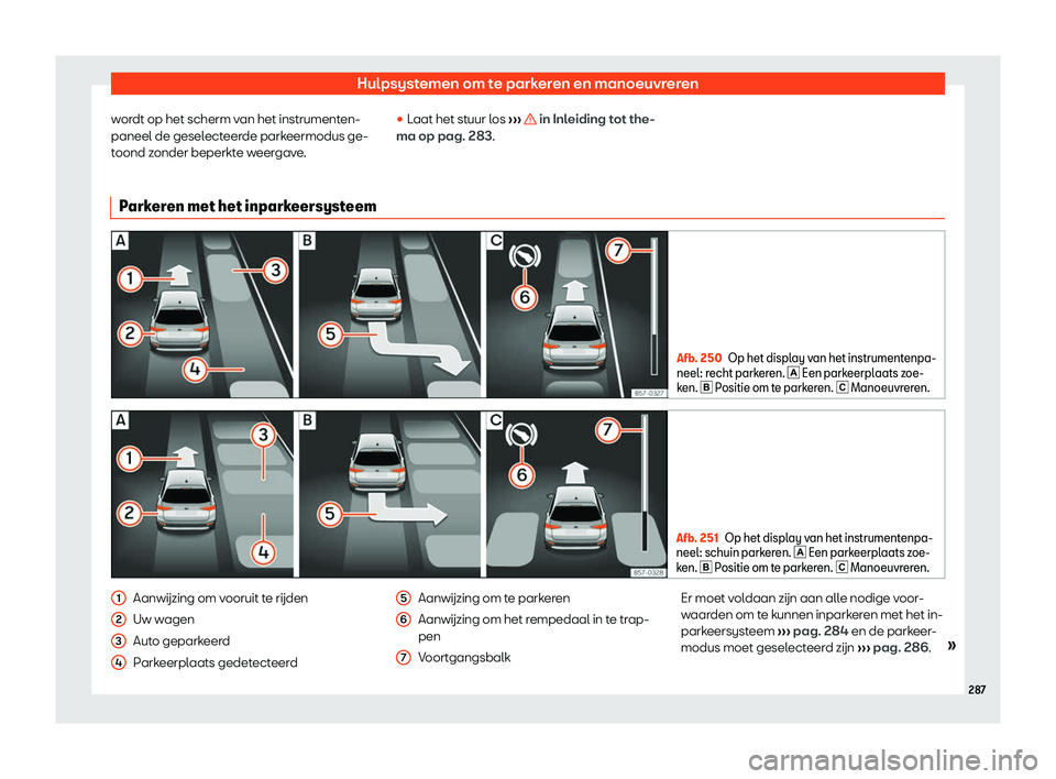 Seat Arona 2019  Handleiding (in Dutch) Hulpsystemen om te parkeren en manoeuvreren
wordt op het scherm van het instrumenten-
paneel de gesel ect
eer
de parkeermodus ge-
toond zonder beperkte weergave. 