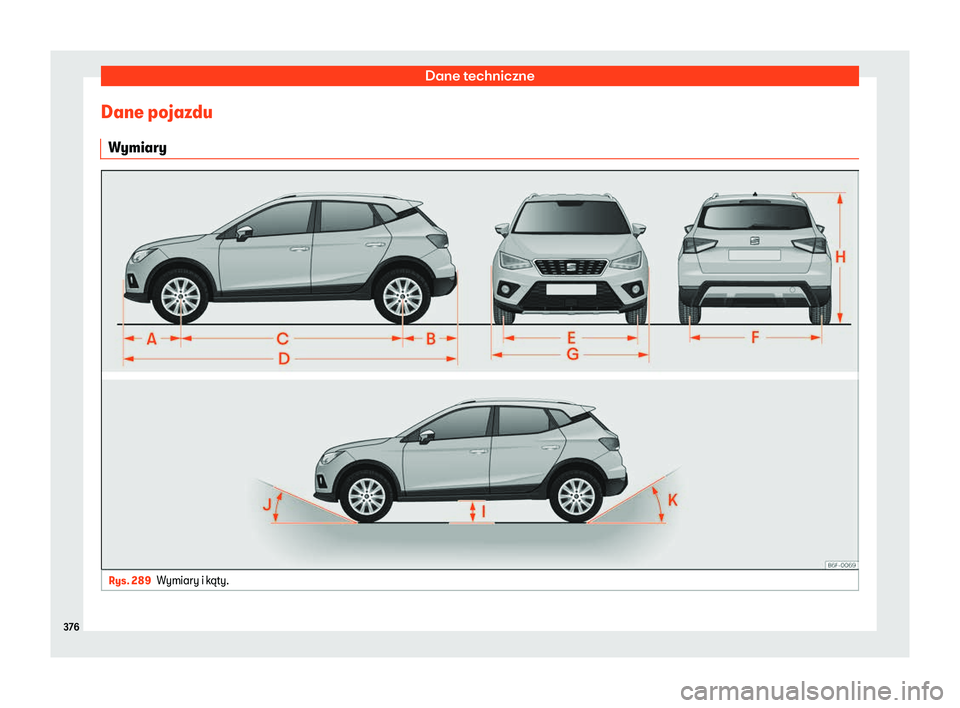 Seat Arona 2019  Instrukcja Obsługi (in Polish) Dane techniczne
Dane pojazdu W ymiary Rys. 289
Wymiary i k