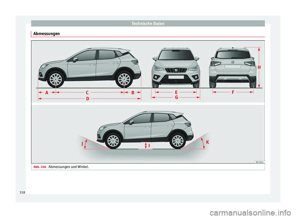 Seat Arona 2018  Betriebsanleitung (in German) Technische Daten
Abmessungen Abb. 246 
Abmessungen und Winkel.318 
