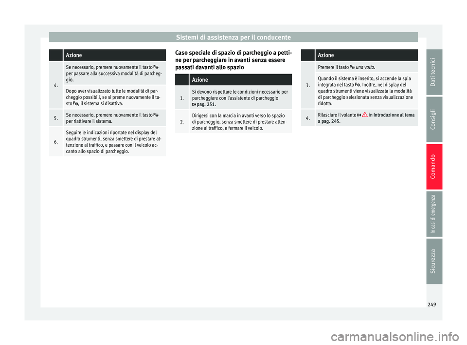 Seat Arona 2018 Manuale del proprietario (in Italian) Sistemi di assistenza per il conducente Azione
4.
Se necessario, premere nuovamente il tasto per passare alla successiva modalità di parcheg-
gio.
Dopo aver visualizzato tutte le modalità di par- Seat Arona 2018 Manuale del proprietario (in Italian) Sistemi di assistenza per il conducente Azione
4.
Se necessario, premere nuovamente il tasto per passare alla successiva modalità di parcheg-
gio.
Dopo aver visualizzato tutte le modalità di par-