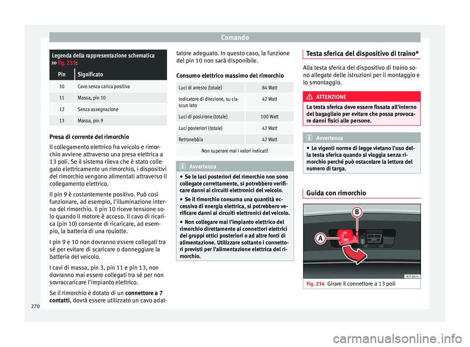 Seat Arona 2018 Manuale del proprietario (in Italian) ComandoLegenda della rappresentazione schematica
››› fig. 233:
PinSignificato
10Cavo senza carica positiva
11Massa, pin 10
12Senza assegnazione
13Massa, pin 9 Presa di corrente del rimorchio
Il Seat Arona 2018 Manuale del proprietario (in Italian) ComandoLegenda della rappresentazione schematica
››› fig. 233:
PinSignificato
10Cavo senza carica positiva
11Massa, pin 10
12Senza assegnazione
13Massa, pin 9 Presa di corrente del rimorchio
Il