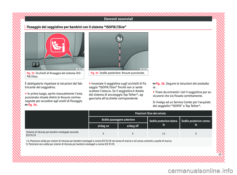 Seat Arona 2018 Manuale del proprietario (in Italian) Elementi essenziali
Fissaggio del seggiolino per bambini con il sistema “ISOFIX/iSize” Fig. 33
Occhielli di fissaggio del sistema ISO-
FIX/iSize. Fig. 34
Sedile posteriore: fessure punzonate. È o Seat Arona 2018 Manuale del proprietario (in Italian) Elementi essenziali
Fissaggio del seggiolino per bambini con il sistema “ISOFIX/iSize” Fig. 33
Occhielli di fissaggio del sistema ISO-
FIX/iSize. Fig. 34
Sedile posteriore: fessure punzonate. È o