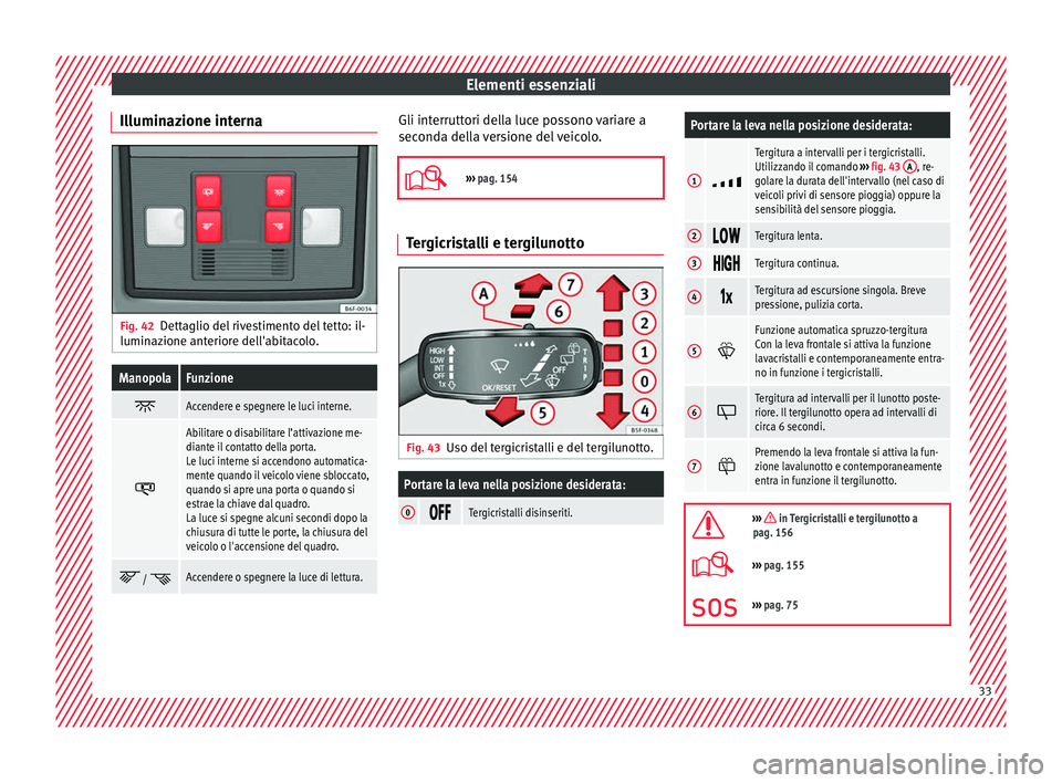 Seat Arona 2018 Manuale del proprietario (in Italian) Elementi essenziali
Illuminazione interna Fig. 42
Dettaglio del rivestimento del tetto: il-
lumin az
ione ant
eriore dell'abitacolo.
ManopolaFunzione
Accendere e spegnere le luci interne.
Seat Arona 2018 Manuale del proprietario (in Italian) Elementi essenziali
Illuminazione interna Fig. 42
Dettaglio del rivestimento del tetto: il-
lumin az
ione ant
eriore dell'abitacolo.
ManopolaFunzione
Accendere e spegnere le luci interne.
