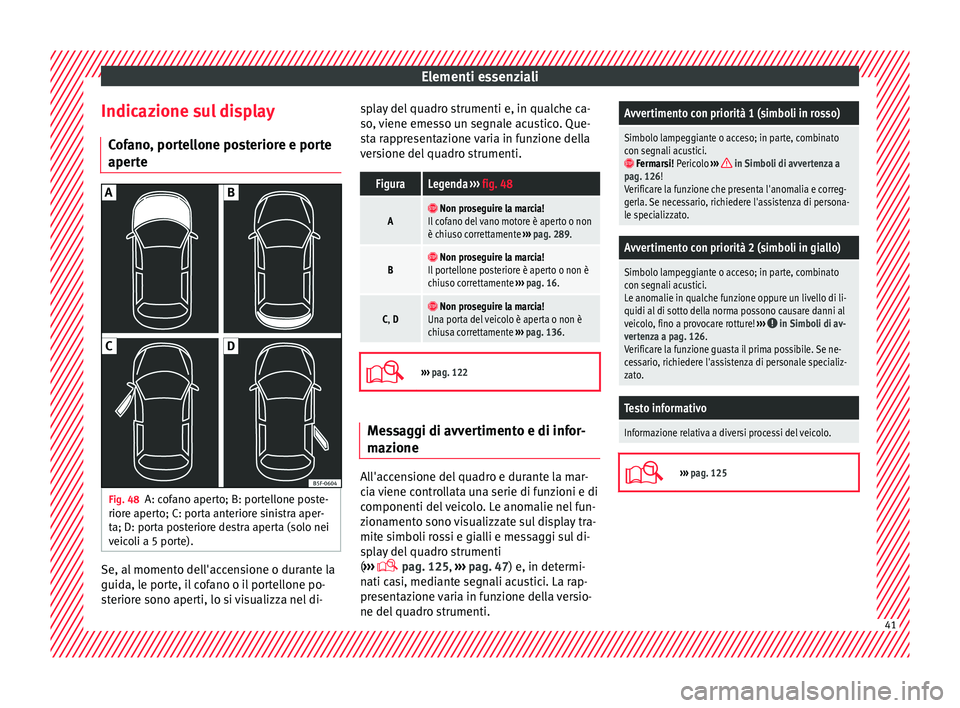Seat Arona 2018 Manuale del proprietario (in Italian) Elementi essenziali
Indicazione sul display C of
ano
, portellone posteriore e porte
aperte Fig. 48
A: cofano aperto; B: portellone poste-
rior e aper
t
o; C: porta anteriore sinistra aper-
ta; D: po Seat Arona 2018 Manuale del proprietario (in Italian) Elementi essenziali
Indicazione sul display C of
ano
, portellone posteriore e porte
aperte Fig. 48
A: cofano aperto; B: portellone poste-
rior e aper
t
o; C: porta anteriore sinistra aper-
ta; D: po