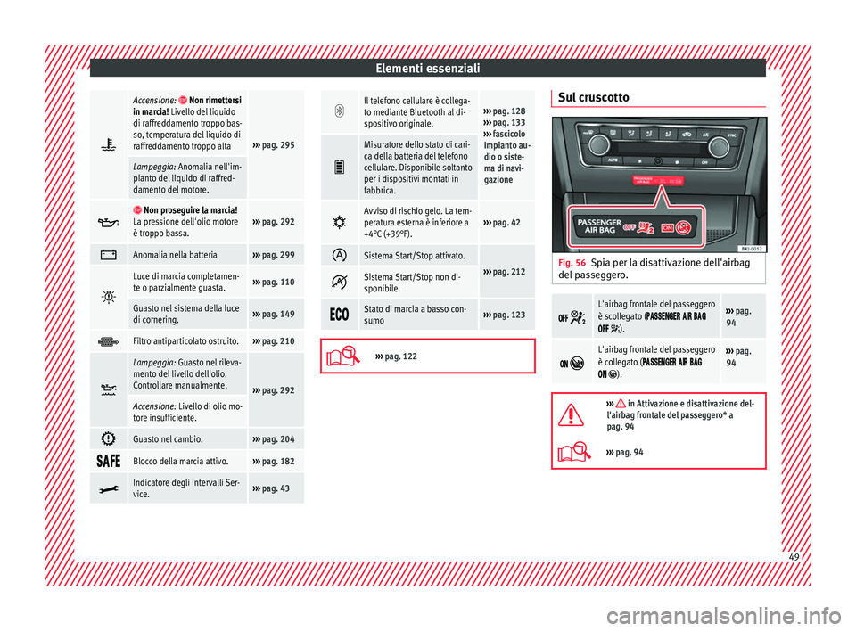 Seat Arona 2018  Manuale del proprietario (in Italian) Elementi essenziali
Accensione:  Non rimettersi
in marcia! Livello del liquido
di raffreddamento troppo bas-
so, temperatura del liquido di
raffreddamento troppo alta
›››  pag. 295
Lampegg