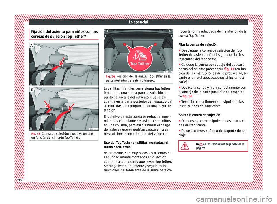 Seat Arona 2017  Manual del propietario (in Spanish) Lo esencial
Fijación del asiento para niños con las
c orr
e
as de sujeción Top Tether* Fig. 33
Correa de sujeción: ajuste y montaje
en f u
nc

ión del cinturón Top Tether. Fig. 34
Posición de l