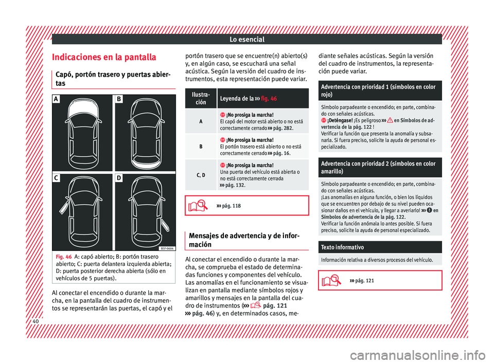 Seat Arona 2017  Manual del propietario (in Spanish) Lo esencial
Indicaciones en la pantalla C apó, por
tón tr
asero y puertas abier-
tas Fig. 46
A: capó abierto; B: portón trasero
ab ier
t

o; C: puerta delantera izquierda abierta;
D: puerta poster