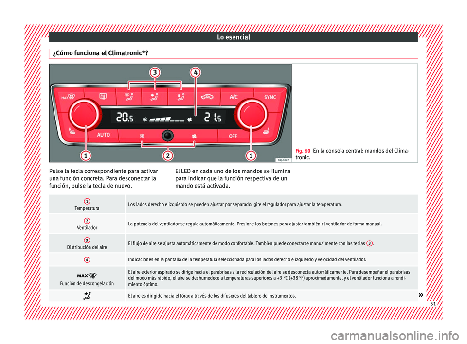 Seat Arona 2017  Manual del propietario (in Spanish) Lo esencial
¿Cómo funciona el Climatronic*? Fig. 60
En la consola central: mandos del Clima-
tronic . Pulse la tecla correspondiente para activar
u
n
a f
unción concreta. Para desconectar la
funci