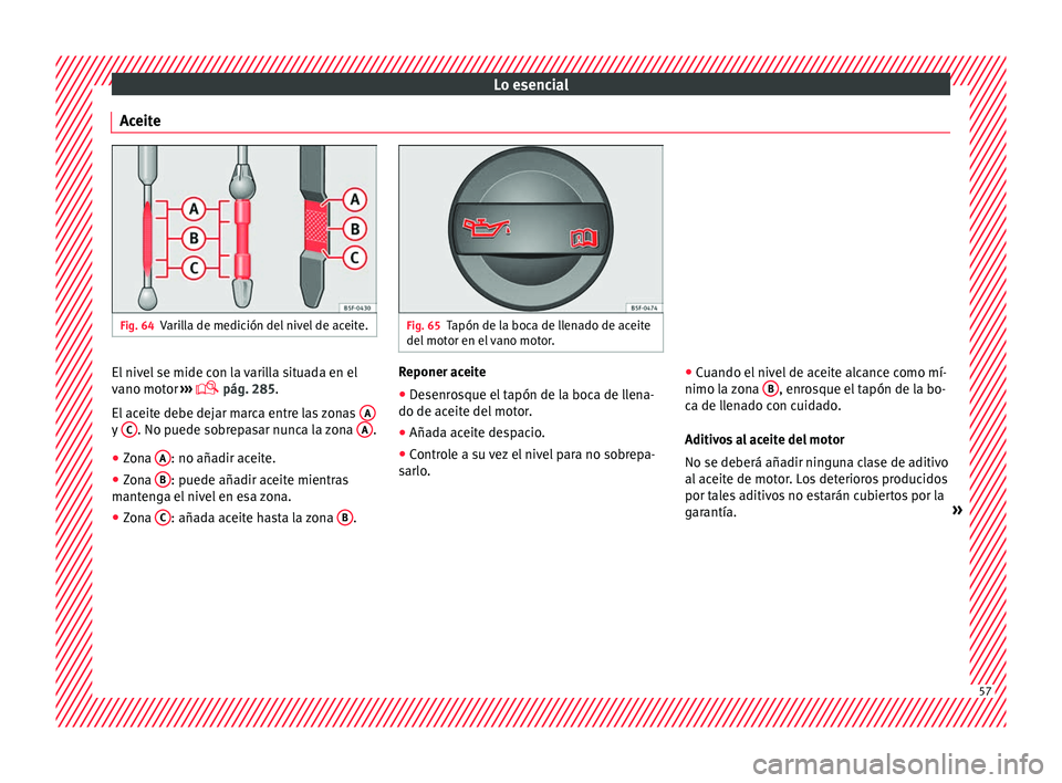 Seat Arona 2017  Manual del propietario (in Spanish) Lo esencial
Aceite Fig. 64
Varilla de medición del nivel de aceite. Fig. 65
Tapón de la boca de llenado de aceite
del mot or en el
 vano motor. El nivel se mide con la varilla situada en el
v
ano mo