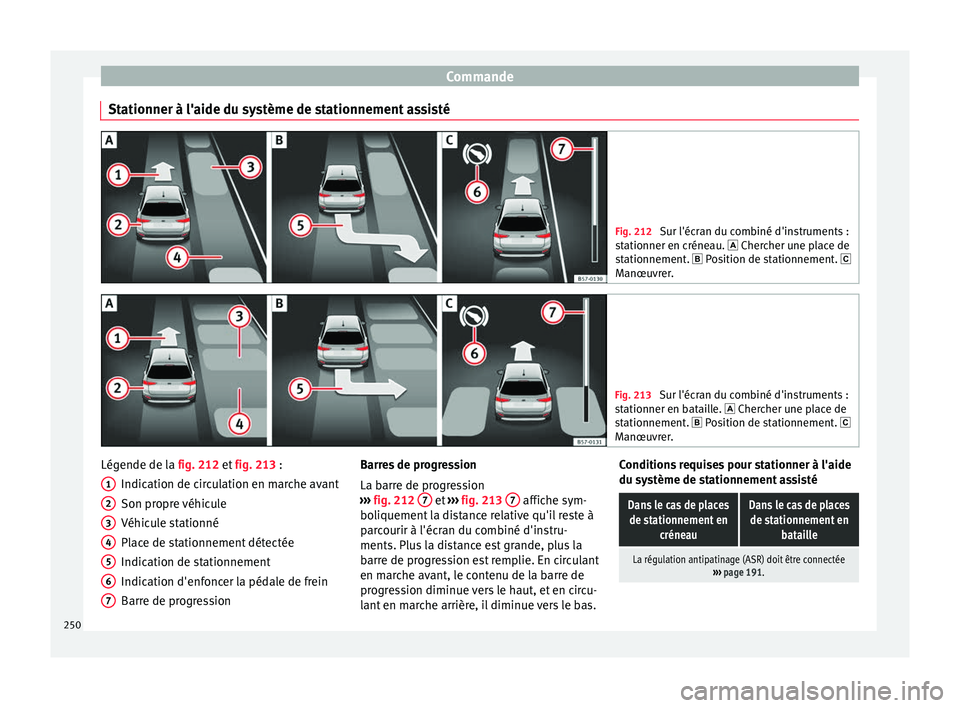 Seat Arona 2017 Manuel du propriétaire (in French) Commande
Stationner à l'aide du système de stationnement assisté Fig. 212
Sur l'écran du combiné d'instruments :
st ationner en c
réneau. Chercher une place de
stationnement. Seat Arona 2017 Manuel du propriétaire (in French) Commande
Stationner à l'aide du système de stationnement assisté Fig. 212
Sur l'écran du combiné d'instruments :
st ationner en c
réneau. Chercher une place de
stationnement.