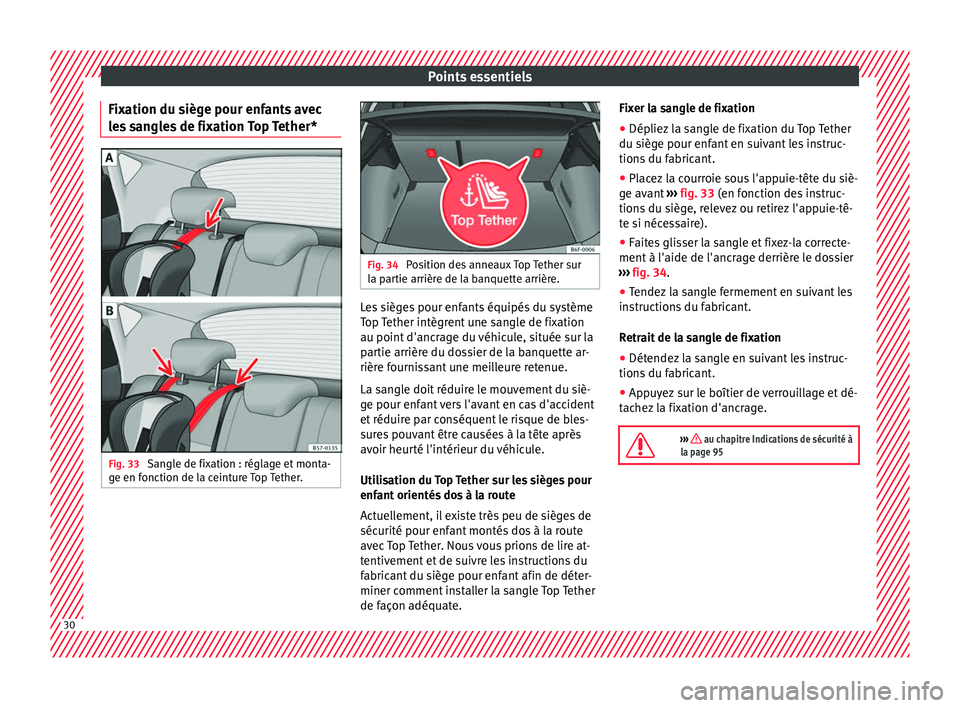 Seat Arona 2017 Manuel du propriétaire (in French) Points essentiels
Fixation du siège pour enfants avec
l e
s
sangles de fixation Top Tether* Fig. 33
Sangle de fixation : réglage et monta-
g e en f
onction de l
a ceinture Top Tether. Fig. 34
Po Seat Arona 2017 Manuel du propriétaire (in French) Points essentiels
Fixation du siège pour enfants avec
l e
s
sangles de fixation Top Tether* Fig. 33
Sangle de fixation : réglage et monta-
g e en f
onction de l
a ceinture Top Tether. Fig. 34
Po
