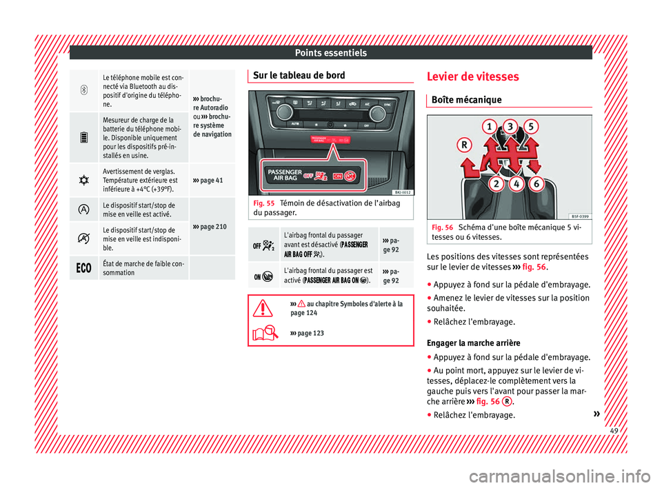 Seat Arona 2017 Manuel du propriétaire (in French) Points essentiels
Le téléphone mobile est con-
necté via Bluetooth au dis-
positif d'origine du télépho-
ne.
›››
brochu-
re Autoradio
ou ››› brochu-
re système
de navigation Seat Arona 2017 Manuel du propriétaire (in French) Points essentiels
Le téléphone mobile est con-
necté via Bluetooth au dis-
positif d'origine du télépho-
ne.
›››
brochu-
re Autoradio
ou ››› brochu-
re système
de navigation