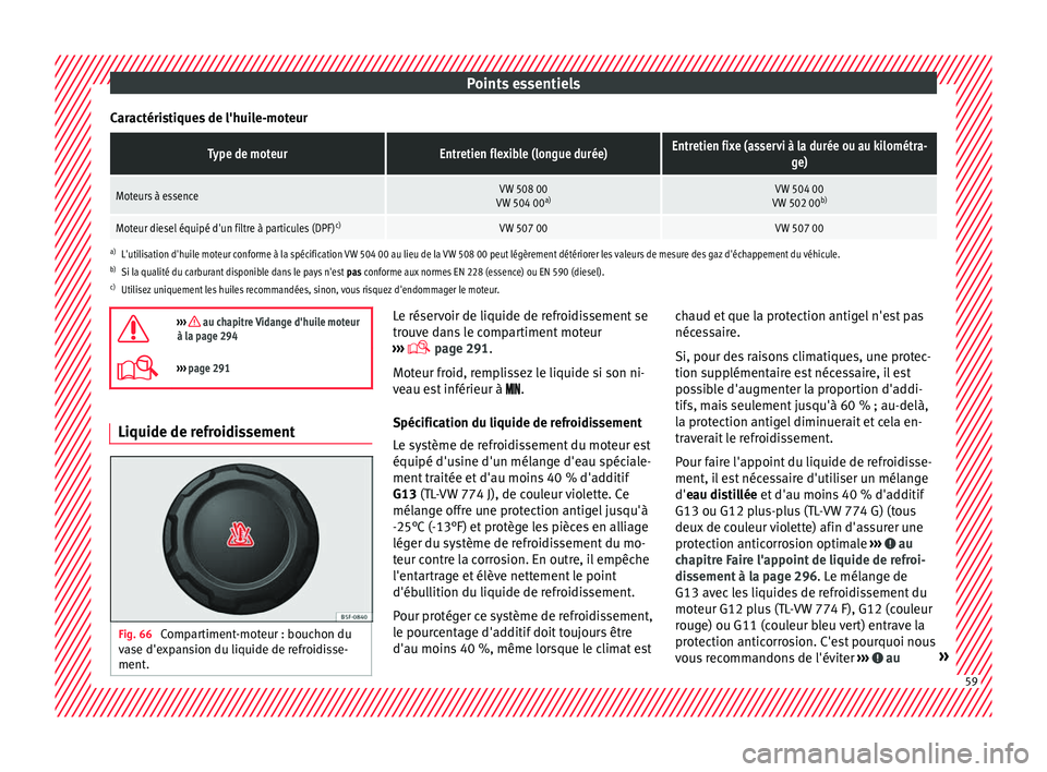 Seat Arona 2017 Manuel du propriétaire (in French) Points essentiels
Caractéristiques de l'huile-moteurType de moteurEntretien flexible (longue durée)Entretien fixe (asservi à la durée ou au kilométra- ge)
Moteurs à essenceVW 508 00
VW 504 0 Seat Arona 2017 Manuel du propriétaire (in French) Points essentiels
Caractéristiques de l'huile-moteurType de moteurEntretien flexible (longue durée)Entretien fixe (asservi à la durée ou au kilométra- ge)
Moteurs à essenceVW 508 00
VW 504 0