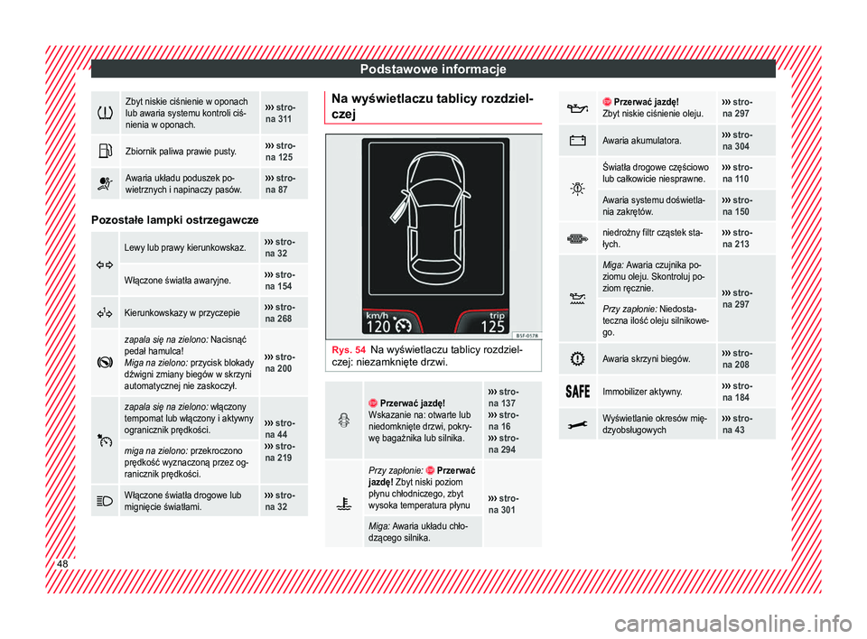 Seat Arona 2017 Instrukcja Obsługi (in Polish) Podstawowe informacje
Zbyt niskie ciśnienie w oponach
lub awaria systemu kontroli ciś-
nienia w oponach.›››
stro-
na 311
Zbiornik paliwa prawie pusty.›››
stro-
na 125
Awaria Seat Arona 2017 Instrukcja Obsługi (in Polish) Podstawowe informacje
Zbyt niskie ciśnienie w oponach
lub awaria systemu kontroli ciś-
nienia w oponach.›››
stro-
na 311
Zbiornik paliwa prawie pusty.›››
stro-
na 125
Awaria