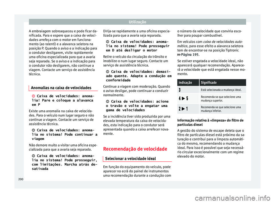 Seat Arona 2017  Manual do proprietário (in Portuguese)  Utilização
A embraiagem sobreaqueceu e pode ficar da-
nific a
d
a. Para e espere que a caixa de veloci-
dades arrefeça com o motor em funciona-
mento (ao ralenti) e a alavanca seletora na
posição