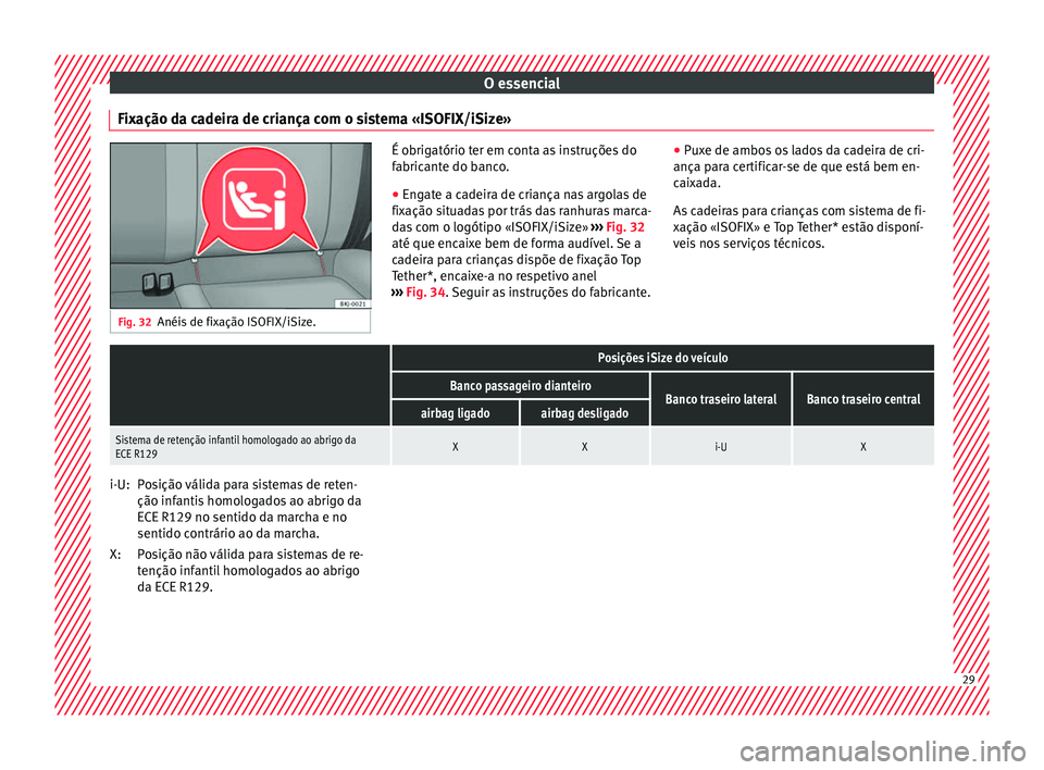 Seat Arona 2017 Manual do proprietário (in Portuguese) O essencial
Fixação da cadeira de criança com o sistema «ISOFIX/iSize» Fig. 32
Anéis de fixação ISOFIX/iSize. É obrigatório ter em conta as instruções do
fabric
ant
e do banco.
● Engate Seat Arona 2017 Manual do proprietário (in Portuguese) O essencial
Fixação da cadeira de criança com o sistema «ISOFIX/iSize» Fig. 32
Anéis de fixação ISOFIX/iSize. É obrigatório ter em conta as instruções do
fabric
ant
e do banco.
● Engate