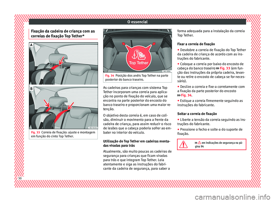 Seat Arona 2017 Manual do proprietário (in Portuguese) O essencial
Fixação da cadeira de criança com as
c orr
ei
as de fixação Top Tether* Fig. 33
Correia de fixação: ajuste e montagem
em f u
nção do c
into Top Tether. Fig. 34
Posição dos ané Seat Arona 2017 Manual do proprietário (in Portuguese) O essencial
Fixação da cadeira de criança com as
c orr
ei
as de fixação Top Tether* Fig. 33
Correia de fixação: ajuste e montagem
em f u
nção do c
into Top Tether. Fig. 34
Posição dos ané