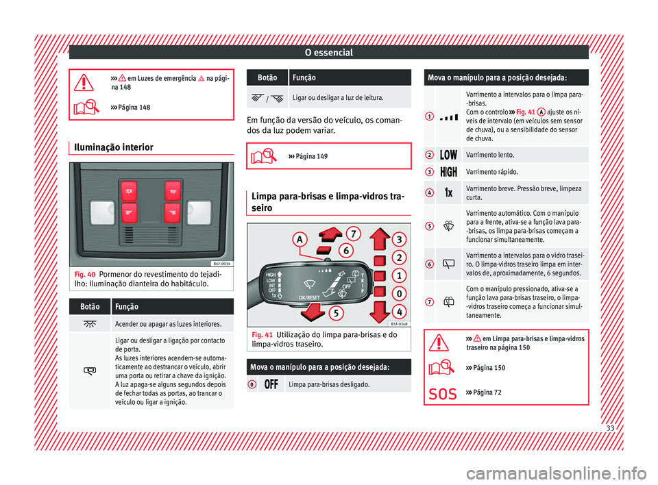Seat Arona 2017 Manual do proprietário (in Portuguese) O essencial
››› em Luzes de emergência na pági-
na 148
››› Página 148 Iluminação interior
Fig. 40
Pormenor do revestimento do tejadi-
lho: i lumin
ação di
anteira do ha Seat Arona 2017 Manual do proprietário (in Portuguese) O essencial
››› em Luzes de emergência na pági-
na 148
››› Página 148 Iluminação interior
Fig. 40
Pormenor do revestimento do tejadi-
lho: i lumin
ação di
anteira do ha