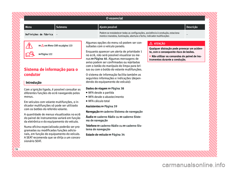 Seat Arona 2017 Manual do proprietário (in Portuguese) O essencialMenuSubmenuAjuste possívelDescrição
Definições de fábrica–Podem-se restabelecer todas as configurações, assistência à condução, estaciona-
mento e manobra, iluminação, abert Seat Arona 2017 Manual do proprietário (in Portuguese) O essencialMenuSubmenuAjuste possívelDescrição
Definições de fábrica–Podem-se restabelecer todas as configurações, assistência à condução, estaciona-
mento e manobra, iluminação, abert