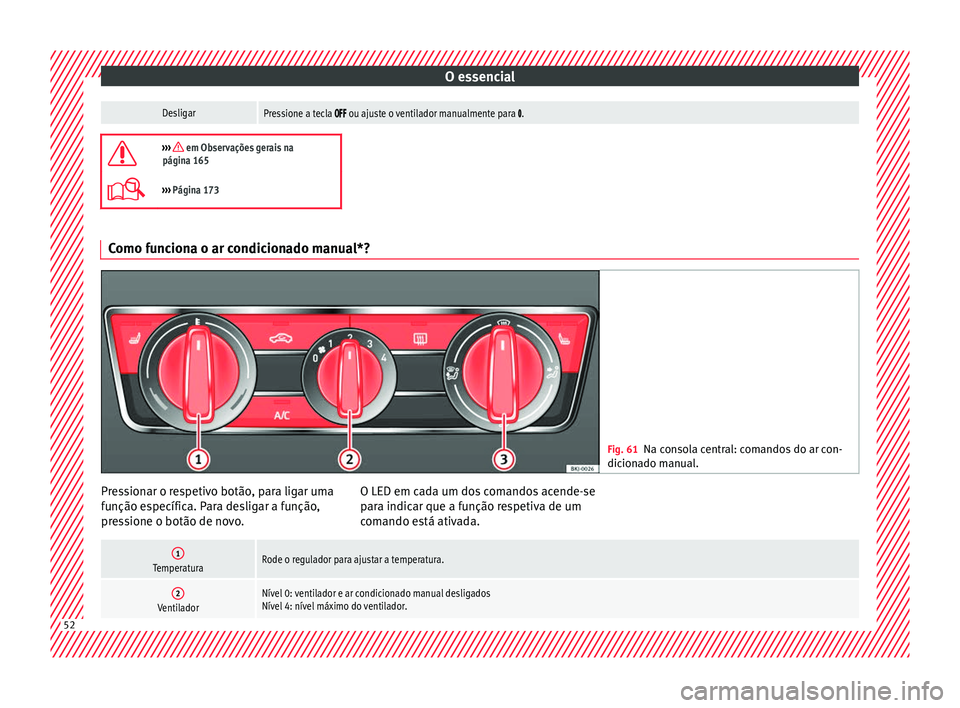 Seat Arona 2017  Manual do proprietário (in Portuguese)  O essencialDesligarPressione a tecla  ou ajuste o ventilador manualmente para .

›››  em Observações gerais na
página 165
›››  Página 173 Como funciona o ar condicion