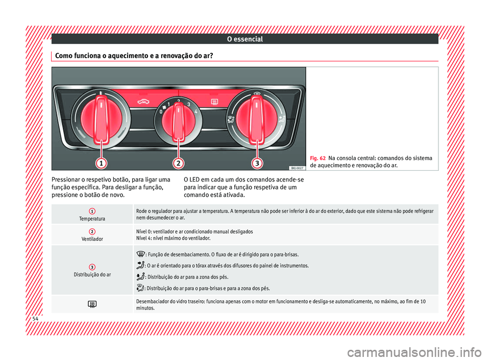 Seat Arona 2017 Manual do proprietário (in Portuguese) O essencial
Como funciona o aquecimento e a renovação do ar? Fig. 62
Na consola central: comandos do sistema
de aqueciment o e r
enovação do ar.Pressionar o respetivo botão, para ligar uma
f
u
n Seat Arona 2017 Manual do proprietário (in Portuguese) O essencial
Como funciona o aquecimento e a renovação do ar? Fig. 62
Na consola central: comandos do sistema
de aqueciment o e r
enovação do ar.Pressionar o respetivo botão, para ligar uma
f
u
n