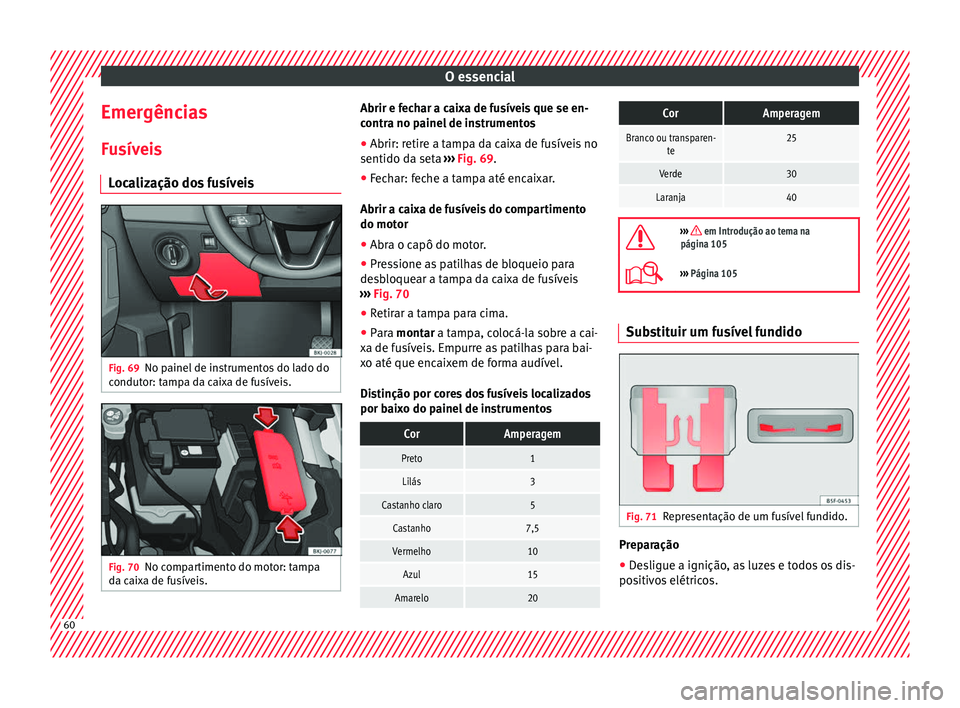 Seat Arona 2017 Manual do proprietário (in Portuguese) O essencial
Emergências
F u
sív
eis
Localização dos fusíveis Fig. 69
No painel de instrumentos do lado do
c ondut
or: t
ampa da caixa de fusíveis. Fig. 70
No compartimento do motor: tampa
d a c Seat Arona 2017 Manual do proprietário (in Portuguese) O essencial
Emergências
F u
sív
eis
Localização dos fusíveis Fig. 69
No painel de instrumentos do lado do
c ondut
or: t
ampa da caixa de fusíveis. Fig. 70
No compartimento do motor: tampa
d a c