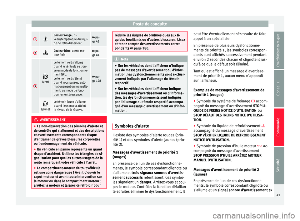 Seat Altea 2015  Manuel du propriétaire (in French)  Poste de conduite1
Couleur rouge : ni-
veau/température du liqui-
de de refroidissement››› 
pa-
ge 43
2 Couleur bleu : alerte mo-
teur froid››› 
pa-
ge 44
3 (vert)
Le témoin ver
