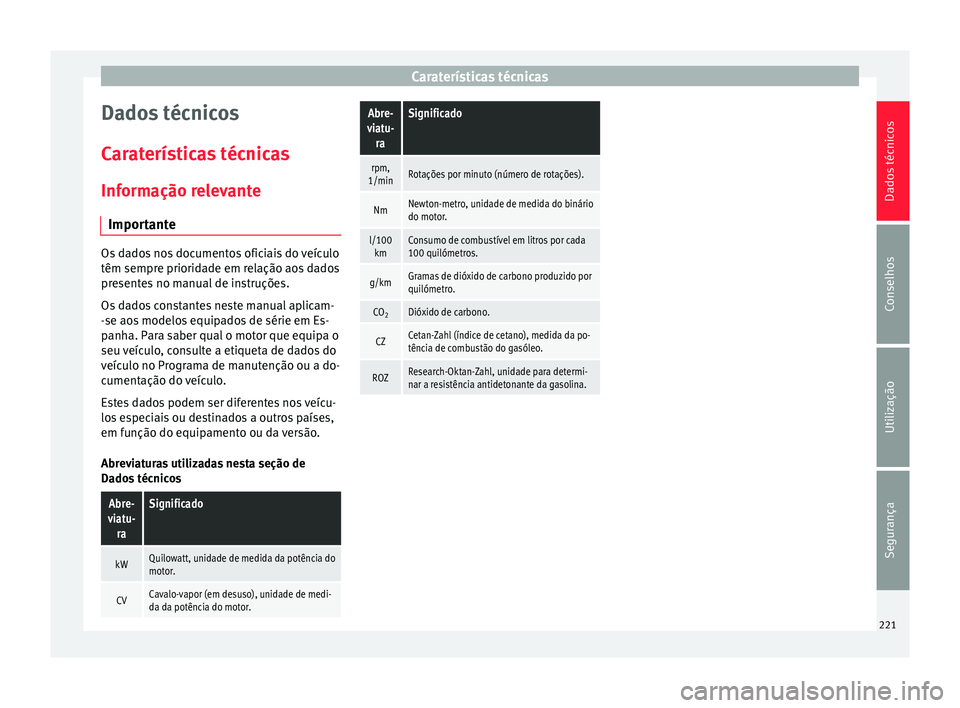 Seat Altea 2015 Manual do proprietário (in Portuguese) Caraterísticas técnicas
Dados técnicos
Caraterísticas técnicas
Informação relevante Importante Os dados nos documentos oficiais do veículo
têm sempre prioridade em relação aos dados
present Seat Altea 2015 Manual do proprietário (in Portuguese) Caraterísticas técnicas
Dados técnicos
Caraterísticas técnicas
Informação relevante Importante Os dados nos documentos oficiais do veículo
têm sempre prioridade em relação aos dados
present