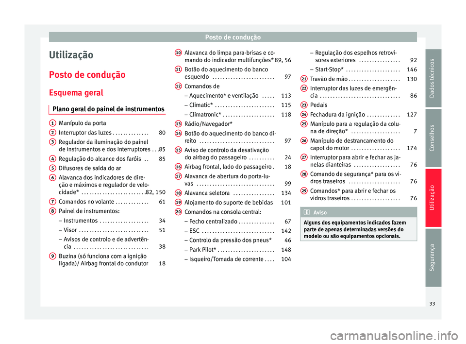 Seat Altea 2015  Manual do proprietário (in Portuguese)  Posto de condução
Utilização
Posto de condução
Esquema geral Plano geral do painel de instrumentos Manípulo da porta
Interruptor das luzes
 . . . . . . . . . . . . . .80
Regulador da iluminaç