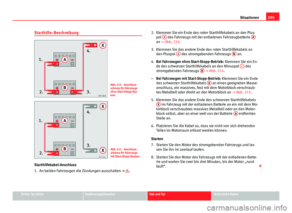 Seat Altea 2014  Betriebsanleitung (in German) 299
Situationen
Starthilfe: Beschreibung
Abb. 214  Anschluss-
schema für Fahrzeuge
ohne Start-Stopp-Sys-
tem.
Abb. 215  Anschluss-
schema für Fahrzeuge
mit Start-Stopp-System.
Starthilfekabel-Anschl