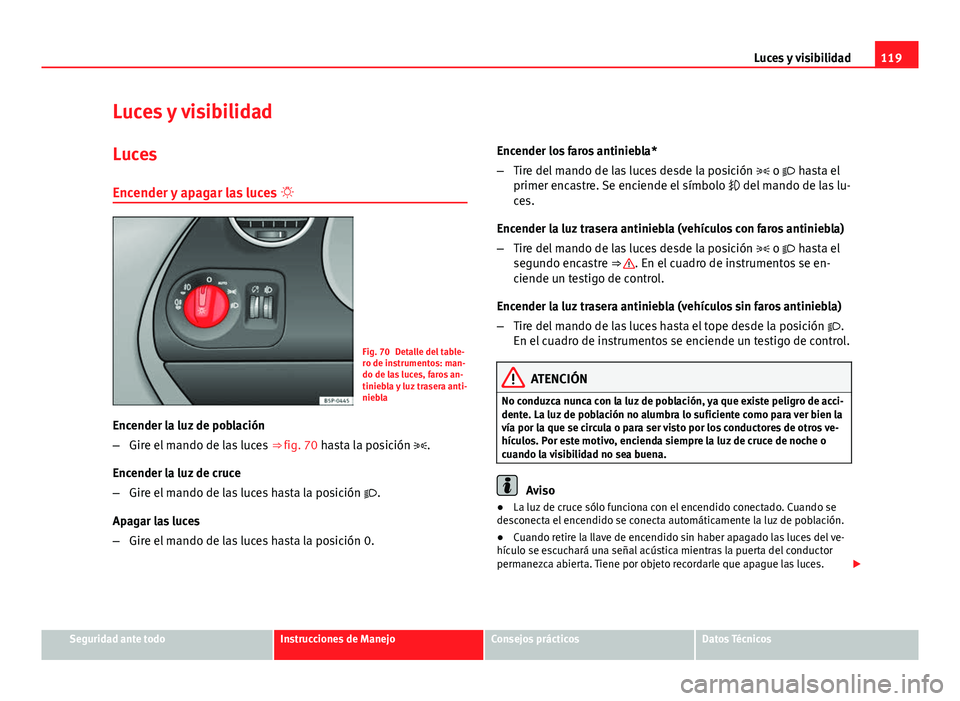 Seat Altea 2014 Manual del propietario (in Spanish) 119
Luces y visibilidad
Luces y visibilidad
Luces Encender y apagar las luces
Fig. 70 Detalle del table-
ro de instrumentos: man-
do de las luces, faros an-
tiniebla y luz trasera anti-
niebla
En Seat Altea 2014 Manual del propietario (in Spanish) 119
Luces y visibilidad
Luces y visibilidad
Luces Encender y apagar las luces
Fig. 70 Detalle del table-
ro de instrumentos: man-
do de las luces, faros an-
tiniebla y luz trasera anti-
niebla
En