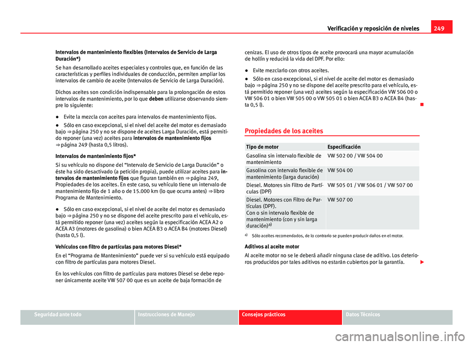 Seat Altea 2014 Manual del propietario (in Spanish) 249
Verificación y reposición de niveles
Intervalos de mantenimiento flexibles (Intervalos de Servicio de Larga
Duración*)
Se han desarrollado aceites especiales y controles que, en función de las Seat Altea 2014 Manual del propietario (in Spanish) 249
Verificación y reposición de niveles
Intervalos de mantenimiento flexibles (Intervalos de Servicio de Larga
Duración*)
Se han desarrollado aceites especiales y controles que, en función de las