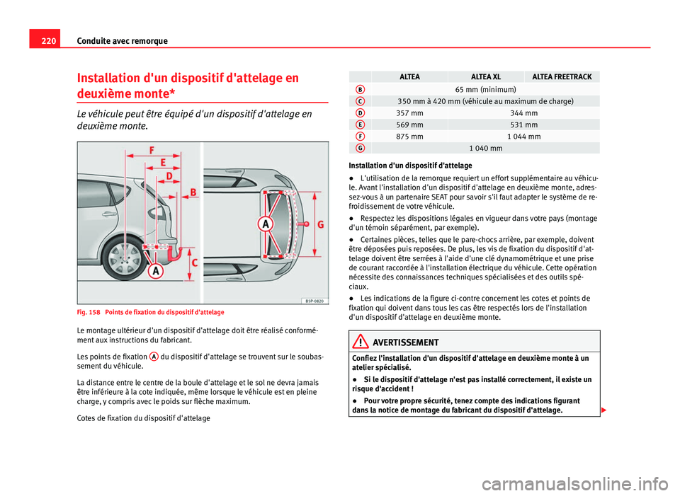 Seat Altea 2014  Manuel du propriétaire (in French)  220Conduite avec remorque
Installation d'un dispositif d'attelage en
deuxième monte*
Le véhicule peut être équipé d'un dispositif d'attelage en
deuxième monte.
Fig. 158  Points d