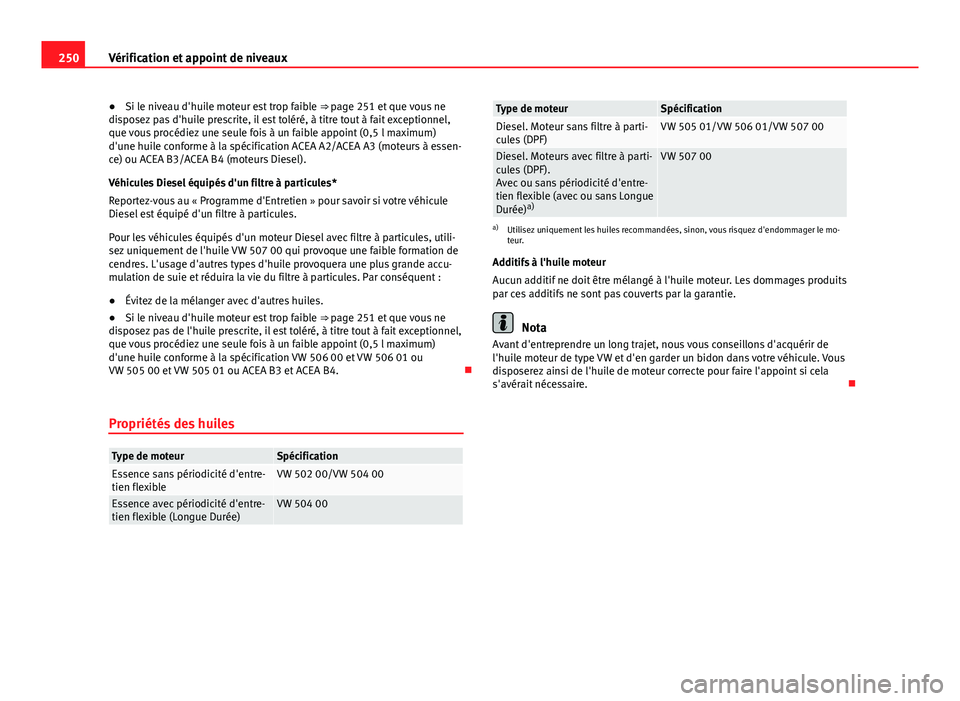 Seat Altea 2014  Manuel du propriétaire (in French)  250Vérification et appoint de niveaux
●Si le niveau d'huile moteur est trop faible  ⇒ page 251 et que vous ne
disposez pas d'huile prescrite, il est toléré, à titre tout à fait exce