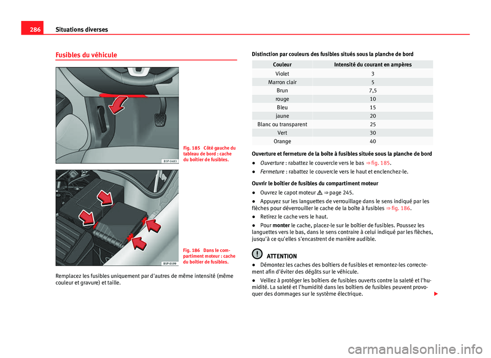 Seat Altea 2014  Manuel du propriétaire (in French)  286Situations diverses
Fusibles du véhicule
Fig. 185  Côté gauche du
tableau de bord : cache
du boîtier de fusibles.
Fig. 186  Dans le com-
partiment moteur : cache
du boîtier de fusibles.
Rempla