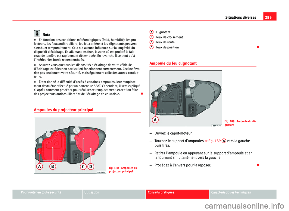 Seat Altea 2014  Manuel du propriétaire (in French)  289
Situations diverses
Nota
● En fonction des conditions météorologiques (froid, humidité), les pro-
jecteurs, les feux antibrouillard, les feux arrière et les clignotants peuvent
s'embuer 