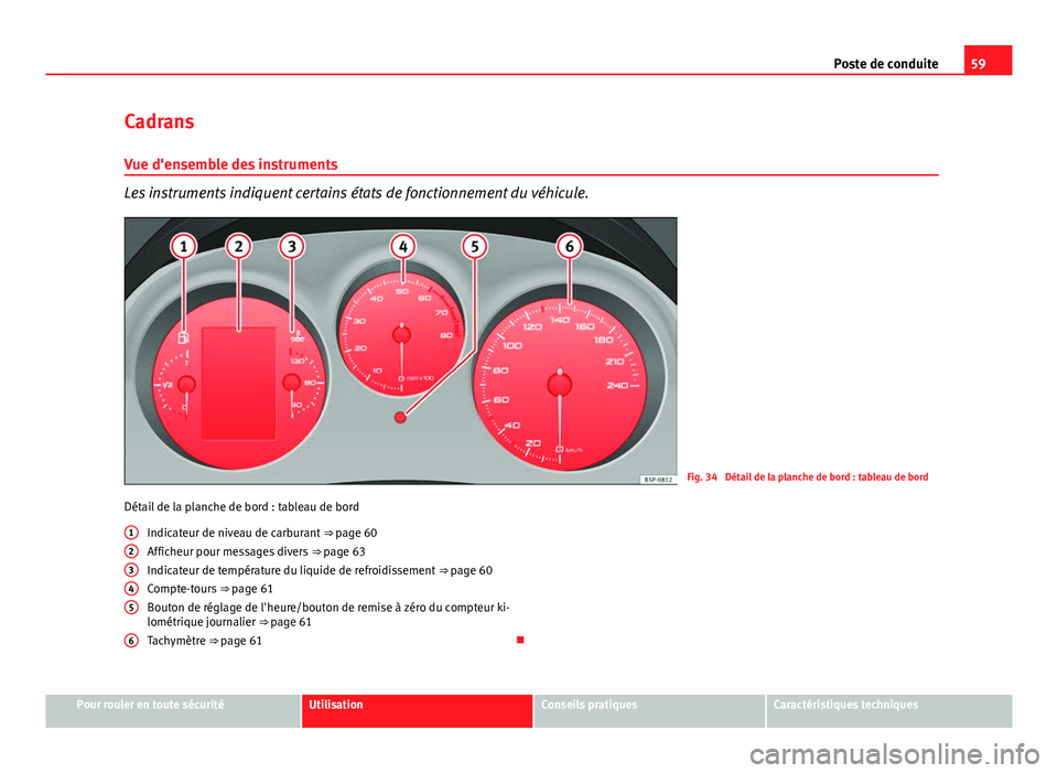 Seat Altea 2014  Manuel du propriétaire (in French)  59
Poste de conduite
Cadrans
Vue d'ensemble des instruments
Les instruments indiquent certains états de fonctionnement du véhicule.
Fig. 34  Détail de la planche de bord : tableau de bord
Déta