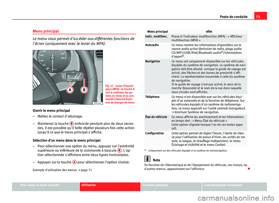 Seat Altea 2014 Manuel du propriétaire (in French) 73
Poste de conduite
Menu principal
Le menu vous permet d'accéder aux différentes fonctions de
l'écran (uniquement avec le levier du MFA).
Fig. 47 Levier d'essuie-
glace (MFA) : la tou Seat Altea 2014 Manuel du propriétaire (in French) 73
Poste de conduite
Menu principal
Le menu vous permet d'accéder aux différentes fonctions de
l'écran (uniquement avec le levier du MFA).
Fig. 47 Levier d'essuie-
glace (MFA) : la tou