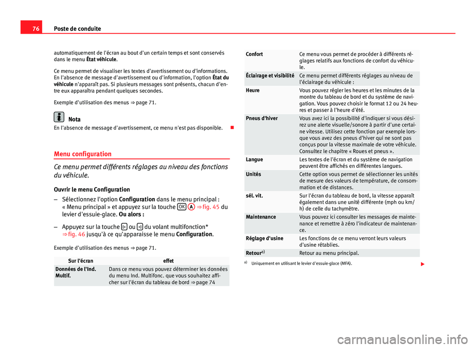 Seat Altea 2014 Manuel du propriétaire (in French) 76Poste de conduite
automatiquement de l'écran au bout d'un certain temps et sont conservés
dans le menu État véhicule.
Ce menu permet de visualiser les textes d'avertissement ou d Seat Altea 2014 Manuel du propriétaire (in French) 76Poste de conduite
automatiquement de l'écran au bout d'un certain temps et sont conservés
dans le menu État véhicule.
Ce menu permet de visualiser les textes d'avertissement ou d