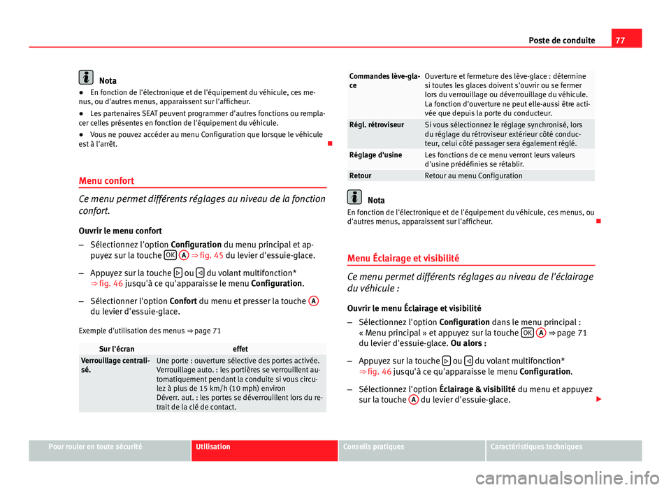 Seat Altea 2014 Manuel du propriétaire (in French) 77
Poste de conduite
Nota
● En fonction de l'électronique et de l'équipement du véhicule, ces me-
nus, ou d'autres menus, apparaissent sur l'afficheur.
● Les partenaires SEAT pe Seat Altea 2014 Manuel du propriétaire (in French) 77
Poste de conduite
Nota
● En fonction de l'électronique et de l'équipement du véhicule, ces me-
nus, ou d'autres menus, apparaissent sur l'afficheur.
● Les partenaires SEAT pe