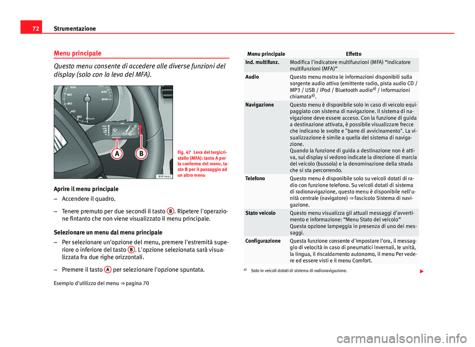 Seat Altea 2014  Manuale del proprietario (in Italian) 72Strumentazione
Menu principale
Questo menu consente di accedere alle diverse funzioni del
display (solo con la leva del MFA).
Fig. 47 Leva del tergicri-
stallo (MFA): tasto A per
la conferma del men