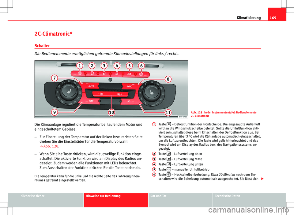 Seat Altea 2013  Betriebsanleitung (in German) 169
Klimatisierung
2C-Climatronic*
Schalter
Die Bedienelemente ermöglichen getrennte Klimaeinstellungen für links / rechts.
Abb. 128  In der Instrumententafel: Bedienelemente
2C-Climatronic
Die Klim