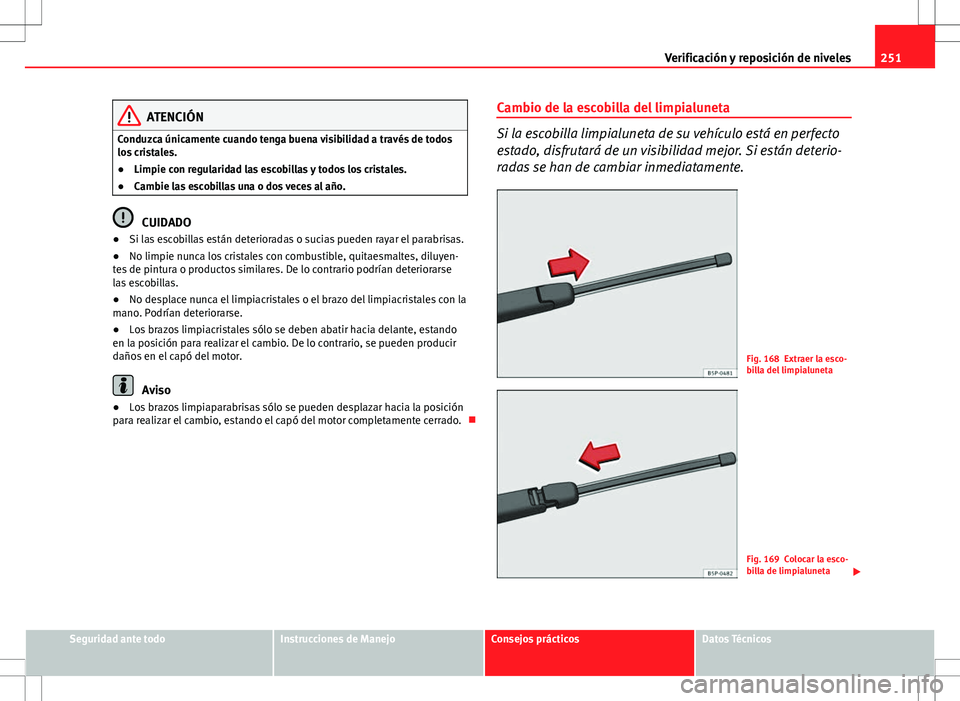 Seat Altea 2013  Manual del propietario (in Spanish) 251
Verificación y reposición de niveles
ATENCIÓN
Conduzca únicamente cuando tenga buena visibilidad a través de todos
los cristales.
● Limpie con regularidad las escobillas y todos los cristal