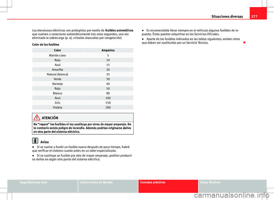 Seat Altea 2013  Manual del propietario (in Spanish) 277
Situaciones diversas
Los elevalunas eléctricos van protegidos por medio de  fusibles automáticos
que vuelven a conectarse automáticamente tras unos segundos, una vez
eliminada la sobrecarga (p.