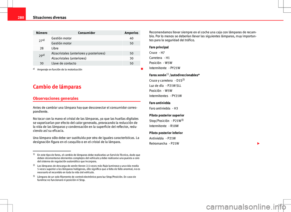 Seat Altea 2013  Manual del propietario (in Spanish) 280Situaciones diversas
NúmeroConsumidorAmperios
27a)Gestión motor40Gestión motor5028Libre 
29a)Alzacristales (anteriores y posteriores)50Alzacristales (anteriores)3030Llave de contacto50a)
Amperaj