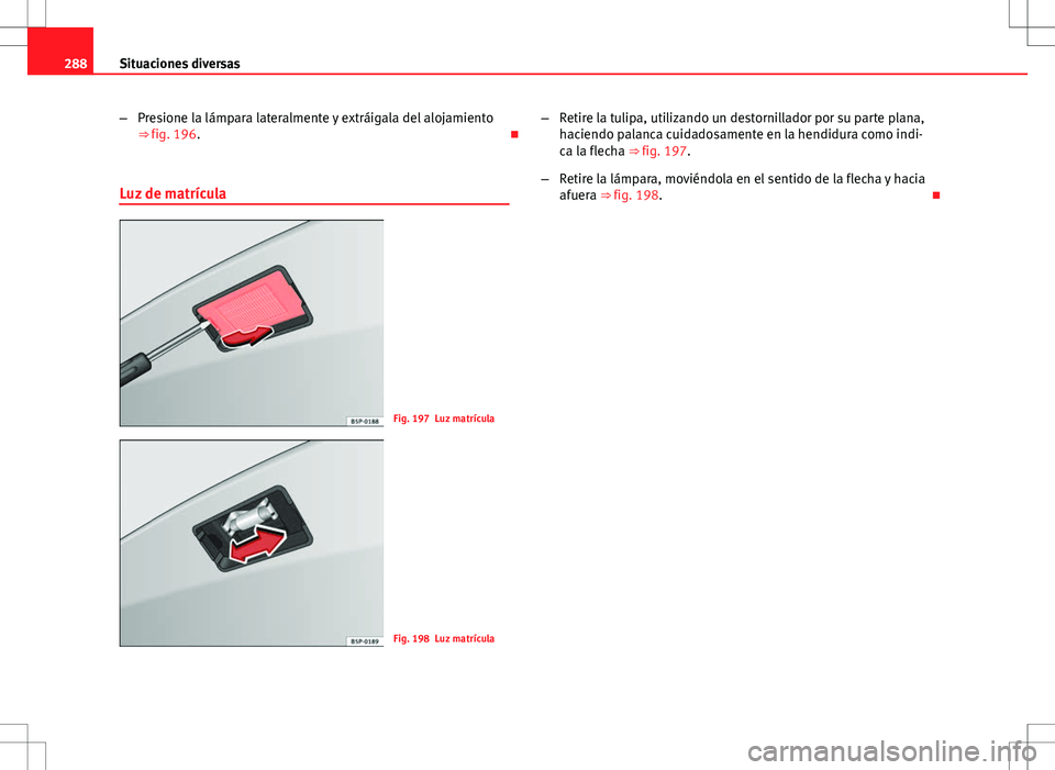 Seat Altea 2013  Manual del propietario (in Spanish) 288Situaciones diversas
–Presione la lámpara lateralmente y extráigala del alojamiento
⇒ fig. 196. 
Luz de matrícula
Fig. 197 Luz matrícula
Fig. 198 Luz matrícula –
Retire la tulipa, u
