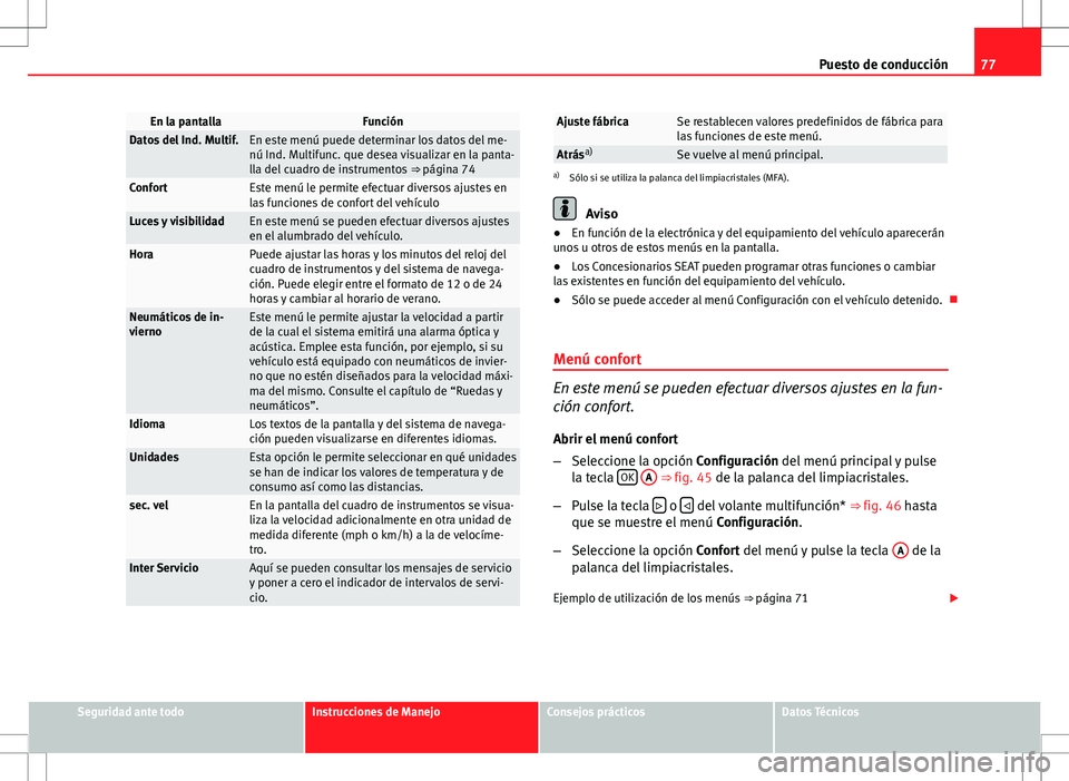 Seat Altea 2013  Manual del propietario (in Spanish) 77
Puesto de conducción
En la pantallaFunciónDatos del Ind. Multif.En este menú puede determinar los datos del me-
nú Ind. Multifunc. que desea visualizar en la panta-
lla del cuadro de instrument