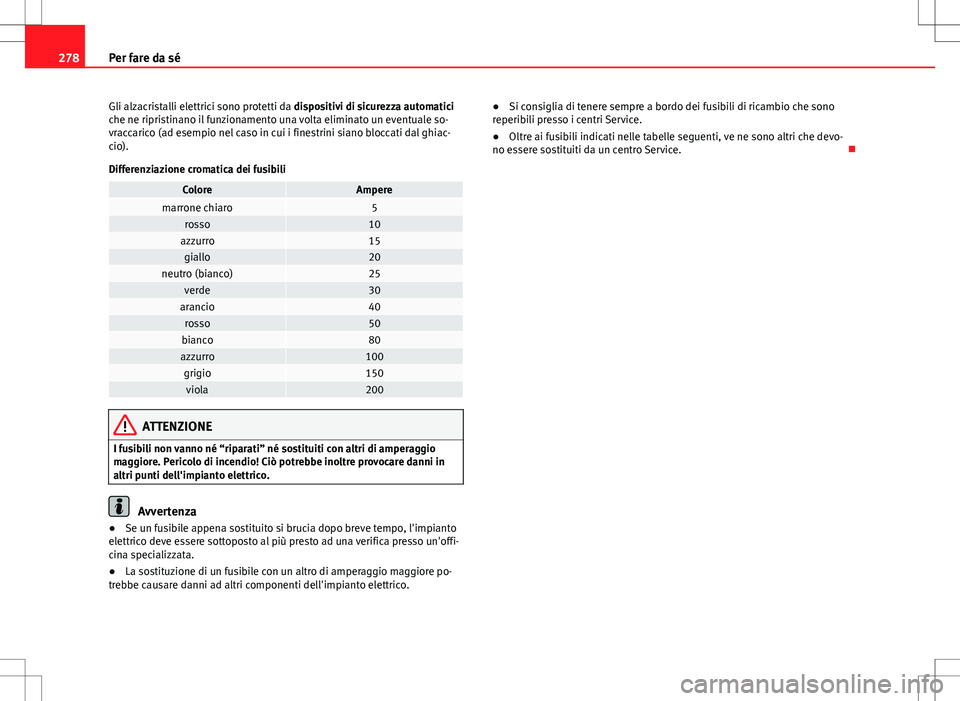 Seat Altea 2013 Manuale del proprietario (in Italian) 278Per fare da sé
Gli alzacristalli elettrici sono protetti da dispositivi di sicurezza automatici
che ne ripristinano il funzionamento una volta eliminato un eventuale so-
vraccarico (ad esempio nel Seat Altea 2013 Manuale del proprietario (in Italian) 278Per fare da sé
Gli alzacristalli elettrici sono protetti da dispositivi di sicurezza automatici
che ne ripristinano il funzionamento una volta eliminato un eventuale so-
vraccarico (ad esempio nel