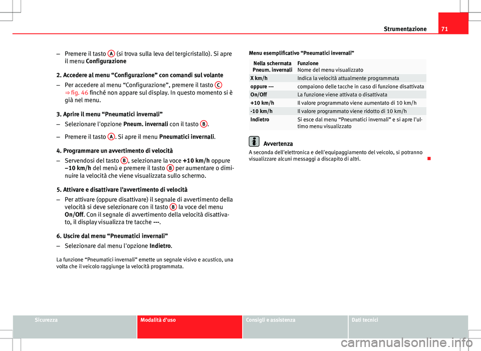 Seat Altea 2013 Manuale del proprietario (in Italian) 71
Strumentazione
– Premere il tasto A
(si trova sulla leva del tergicristallo). Si apre
il menu Configurazione
2. Accedere al menu “Configurazione” con comandi sul volante
– Per accedere a Seat Altea 2013 Manuale del proprietario (in Italian) 71
Strumentazione
– Premere il tasto A
(si trova sulla leva del tergicristallo). Si apre
il menu Configurazione
2. Accedere al menu “Configurazione” con comandi sul volante
– Per accedere a