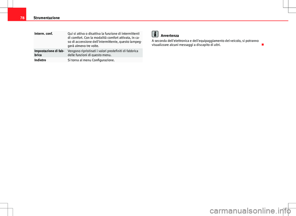 Seat Altea 2013  Manuale del proprietario (in Italian) 78Strumentazione
Interm. conf.Qui si attiva o disattiva la funzione di intermittenti
di comfort. Con la modalità comfort attivata, in ca-
so di accensione dell'intermittente, questo lampeg-
gerà